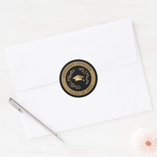 Gold Grad Cap and Wreath Black Class of 2023 Classic Round Sticker (Envelope)