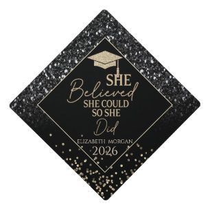 Gold Grad Cap,Black Sequins She Believed Graduation Cap Topper