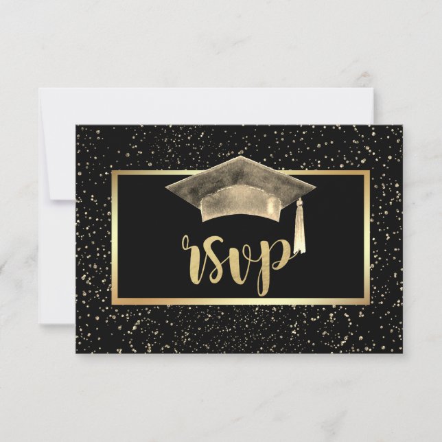 Gold Grad Cap,Confetti Graduation Party  RSVP Card (Front)