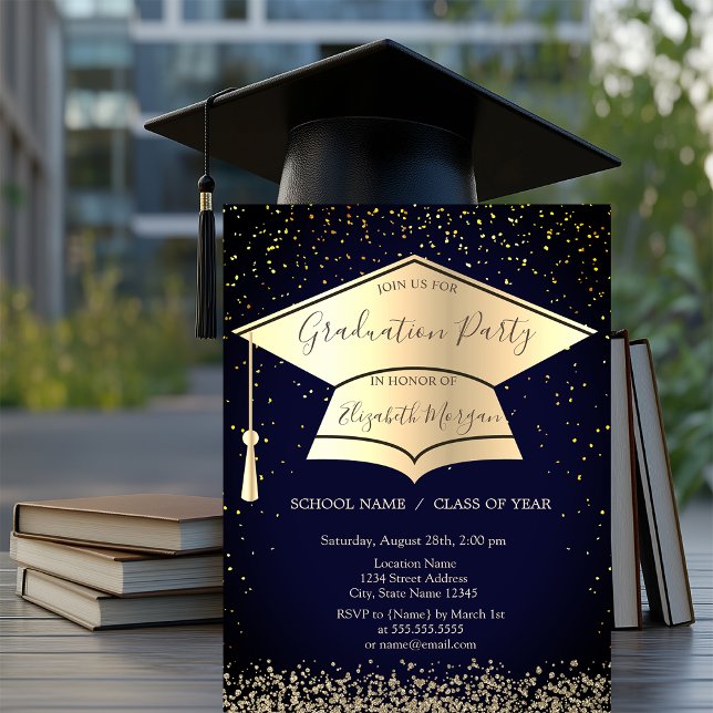 Gold Grad Cap,Diamonds Confetti Blue Graduation Invitation (Creator Uploaded)
