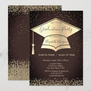 Gold Grad Cap,Diamonds Confetti Brawn Graduation Invitation