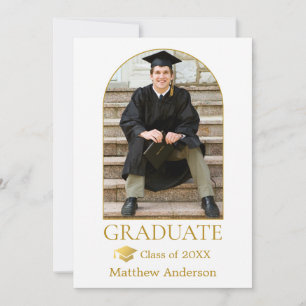 Gold Grad Cap Modern Arch Photo Graduation Announcement