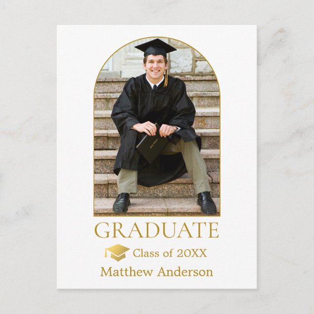 Gold Grad Cap Modern Arch Photo Graduation Postcard (Front)