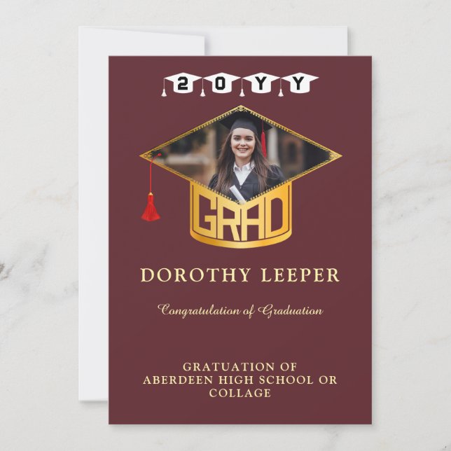Gold Grad Cap & Photo Graduation Invitation (Front)