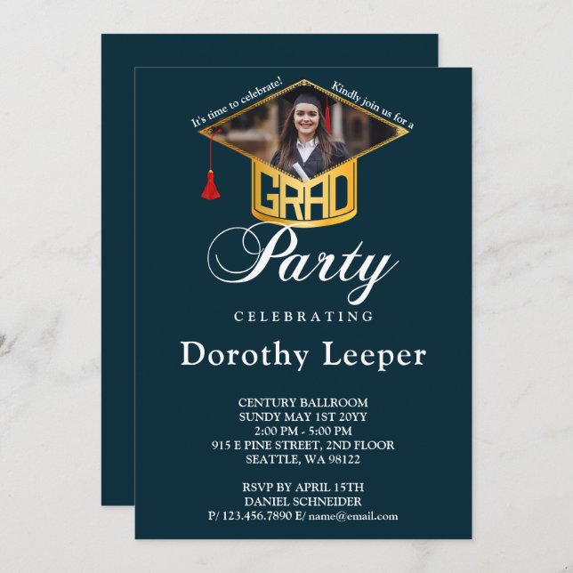 Gold Grad Cap & Photo Graduation Party Invitation (Front/Back)