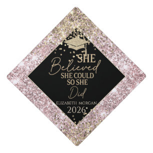 Gold Grad Cap Rose Gold Sequins She Believed