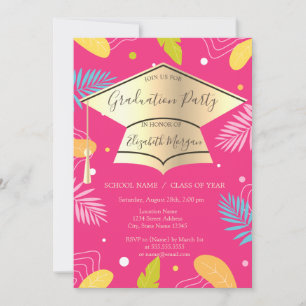 Gold Grad Cap Tropical Leaves Pink Graduation Invitation