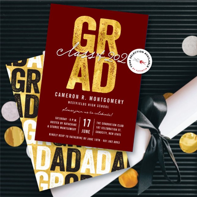 Gold GRAD Class of 2025 Stylish Graduation Party Invitation (Gold & Red Bold GRAD Class of 2025 Stylish Graduation Party Invitation @ zazzle.com/color_therapy)