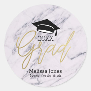 Gold GRAD Graduate Graduation Modern Script Marble Classic Round Sticker