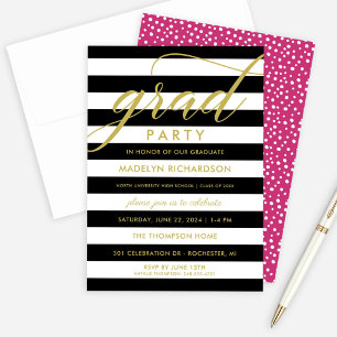 Gold Grad Party Black White Stripes Invitation