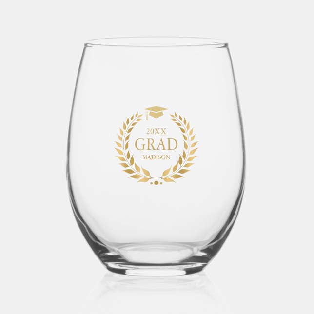 Gold Grad Typography Laurel Wreath Stemless Wine Glass (Front)