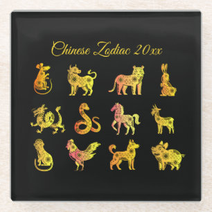 Gold Gradient Chinese Zodiac Animal Black Glass Coaster