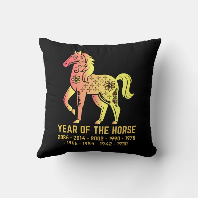 Gold Gradient Year Of The Horse Zodiac Black Throw Pillow (Back)