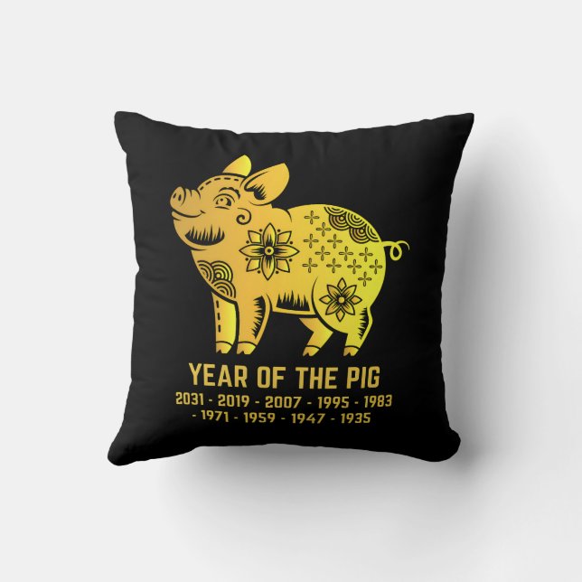 Gold Gradient Year Of The Pig Zodiac Black Throw Pillow (Back)