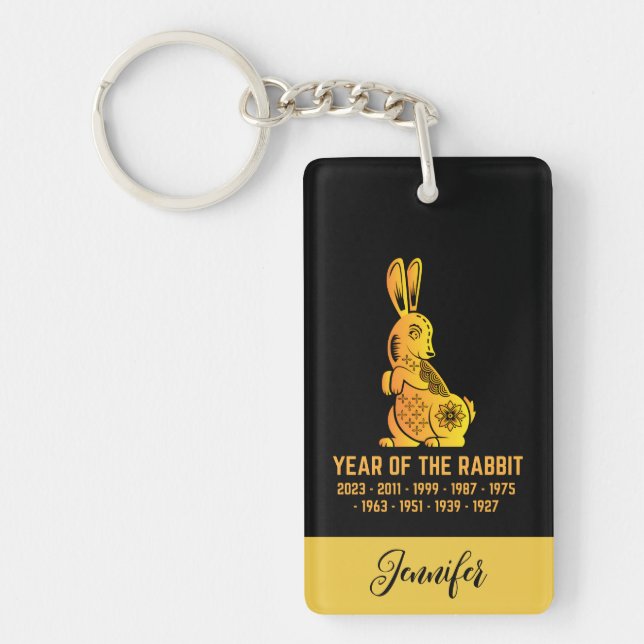 Gold Gradient Year Of The Rabbit Zodiac Name Black Keychain (Front)