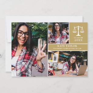 Gold Graduate 3 Photo Law School Graduation Party Invitation