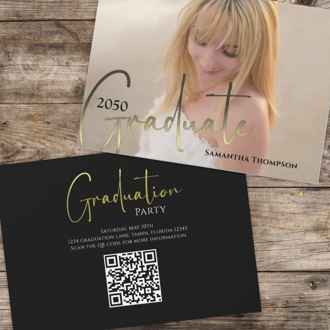 Gold Graduate Black Calligraphy Photo QR Code Invitation (Creator Uploaded)