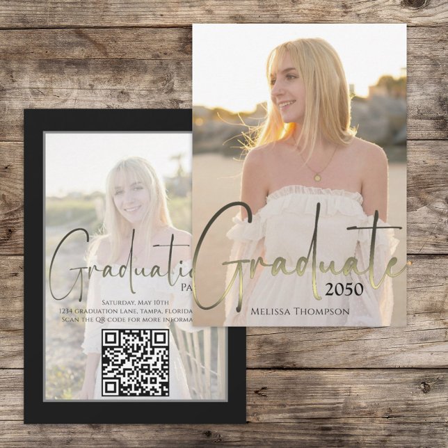Gold Graduate Black Calligraphy Photo QR Code Invitation (Creator Uploaded)