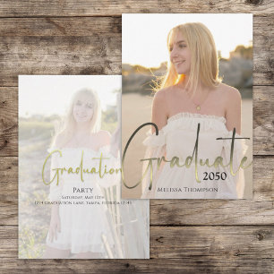 Gold Graduate Black Calligraphy Simple Two Photo  Invitation
