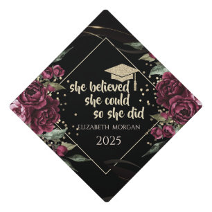 Gold Graduate Cap,Glitter Confetti Burgundy Roses Graduation Cap Topper