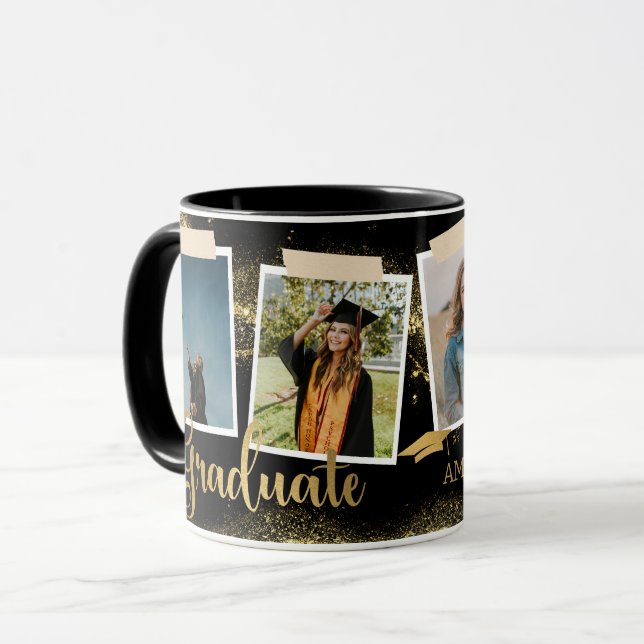 Gold Graduate Photo Collage Black Graduation Mug (Front Left)