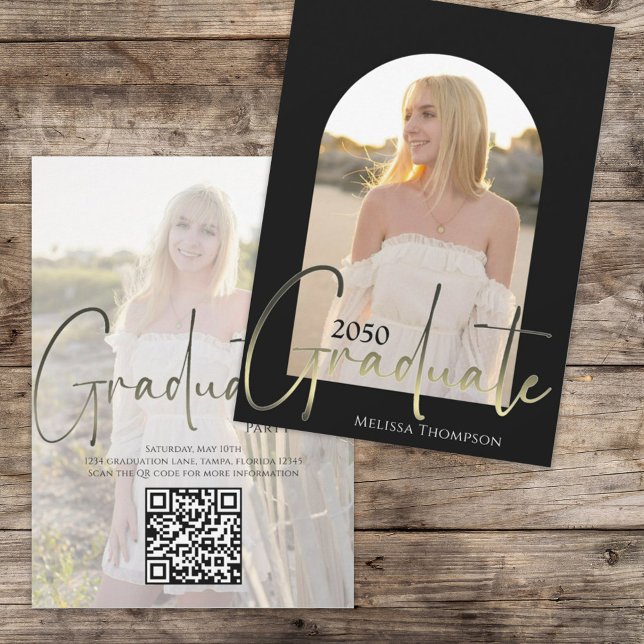 Gold Graduate Script Black Arch Photo QR Code Invitation (Creator Uploaded)