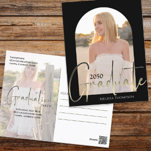 Gold Graduate Script Black Arch Two Photo Vellum Postcard