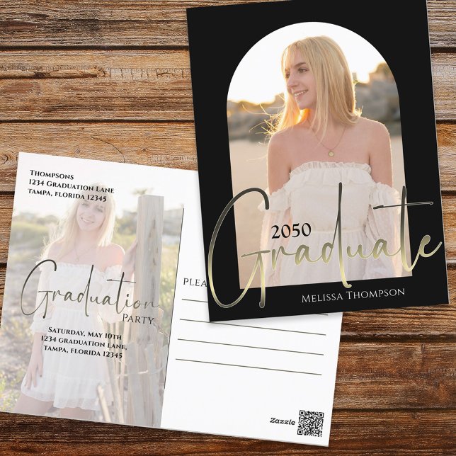 Gold Graduate Script Black Arch Two Photo Vellum Postcard (Creator Uploaded)