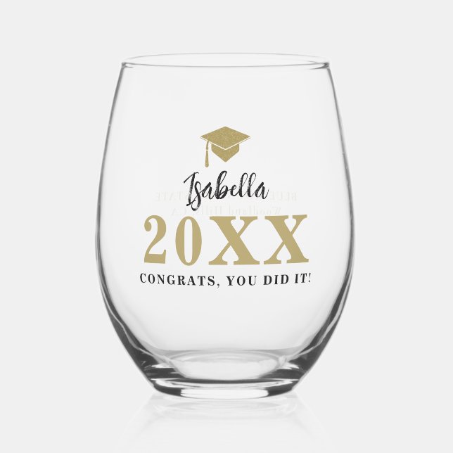 Gold Graduation Cap Caligraphy Personalized Gift Stemless Wine Glass (Front)