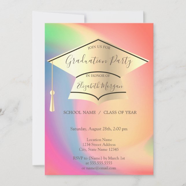 Gold Graduation Cap,Colourful Ombre Graduation Invitation (Front)