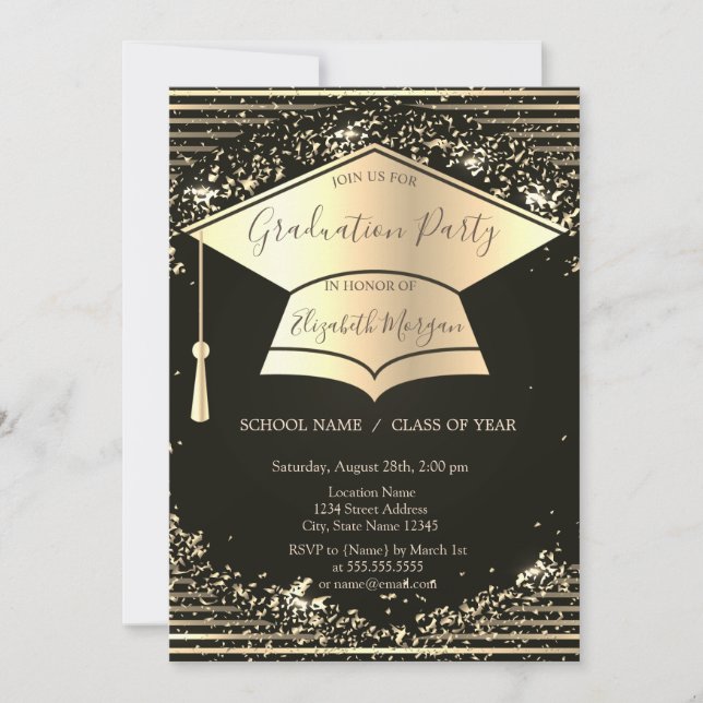 Gold Graduation Cap,Confetti Stripes Graduation Invitation (Front)