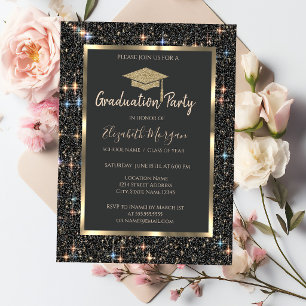 Gold Graduation Cap Dark Glitter Graduation Invitation