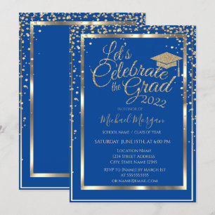 Gold Graduation Cap Diamonds Blue Graduation Invitation