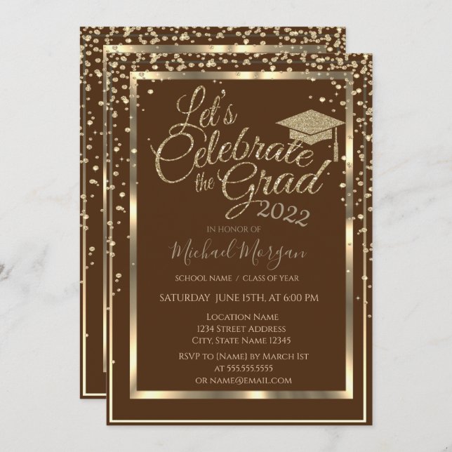 Gold Graduation Cap Diamonds Brown Graduation  Invitation (Front/Back)