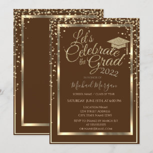 Gold Graduation Cap Diamonds Brown Graduation Invitation