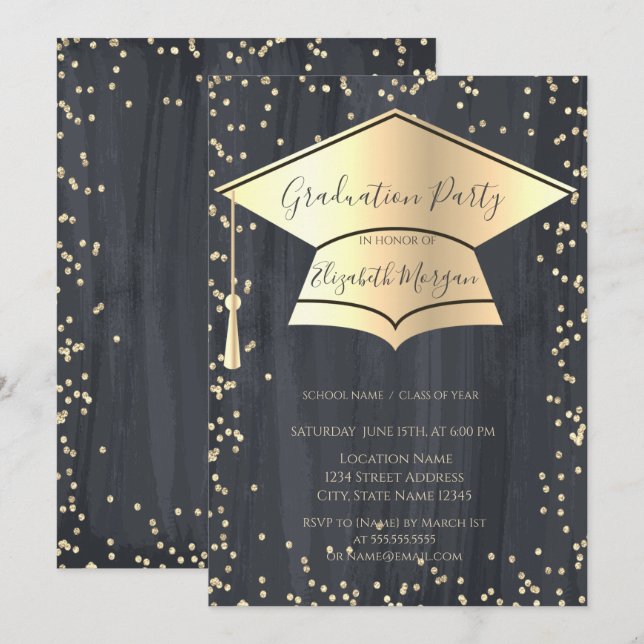 Gold Graduation Cap,Diamonds Frame Graduation Invitation (Front/Back)