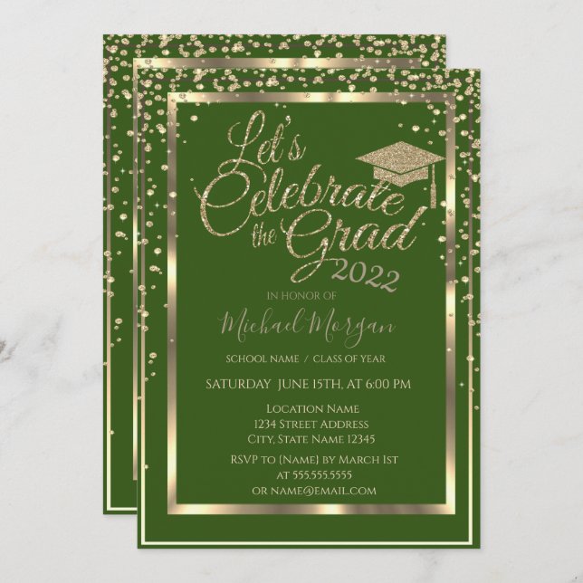 Gold Graduation Cap Diamonds Green Graduation Invitation (Front/Back)