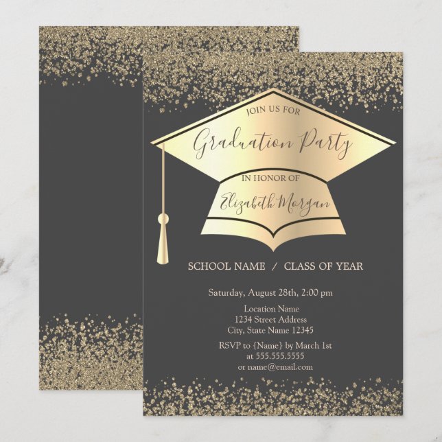Gold Graduation Cap,Diamonds Grey Graduation Invitation (Front/Back)