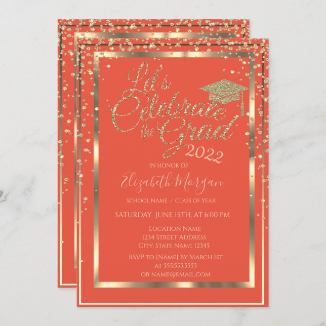 Gold Graduation Cap Diamonds Orange Graduation Invitation (Front/Back)
