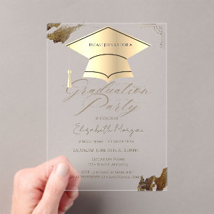 Gold Graduation Cap Frame Gold Brush Stroke Blue Acrylic Invitations