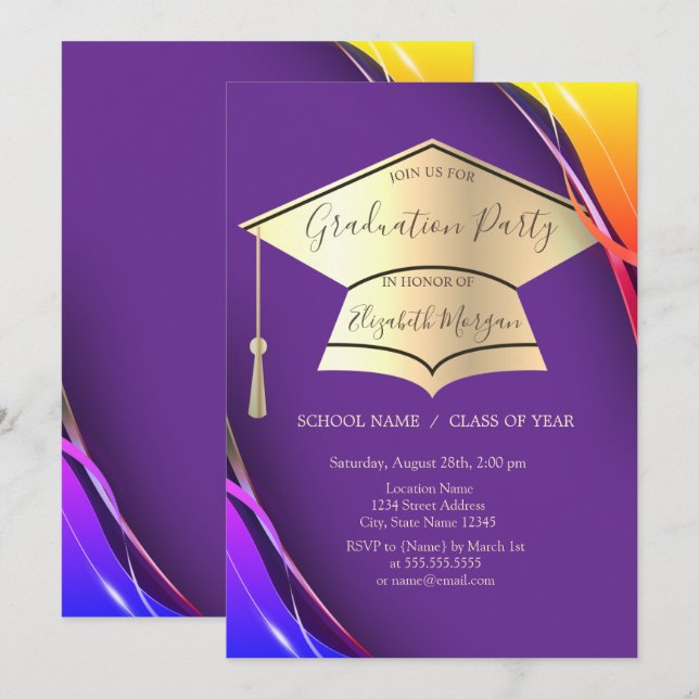  Gold Graduation Cap Frame Violet Graduation Invitation (Front/Back)