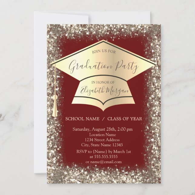 Gold Graduation Cap Glitter Frame Red Graduation Invitation (Front)
