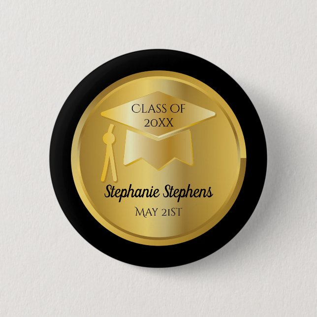 Gold Graduation Cap on Gold Gradient | Black 2 Inch Round Button (Front)