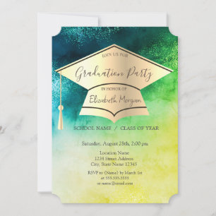 Gold Graduation Cap,Watercolor Green Graduation  Invitation