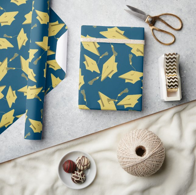 Gold Graduation Caps in the Air on Blue Fun Party Wrapping Paper (Crafts)