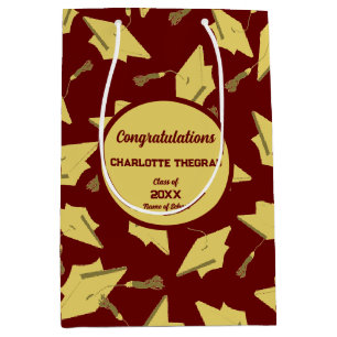 Gold Graduation Caps in the Air on Maroon Party Medium Gift Bag