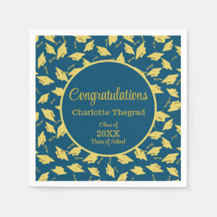 Gold Graduation Caps Tossed on Blue Personalized Napkin