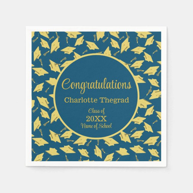 Gold Graduation Caps Tossed on Blue Personalized Napkin (Front)
