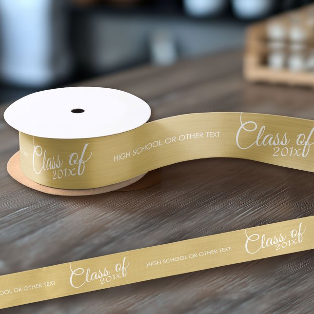 Gold Graduation Class of with Custom Year School Satin Ribbon (Custom Ribbon on a Roll - Personalize this ribbon with you text)