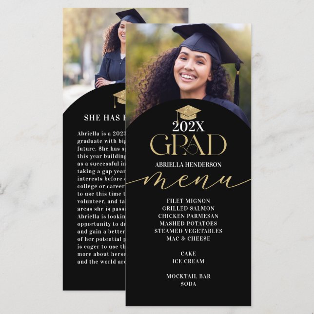 Gold Graduation Dinner Menu Card (Front/Back)